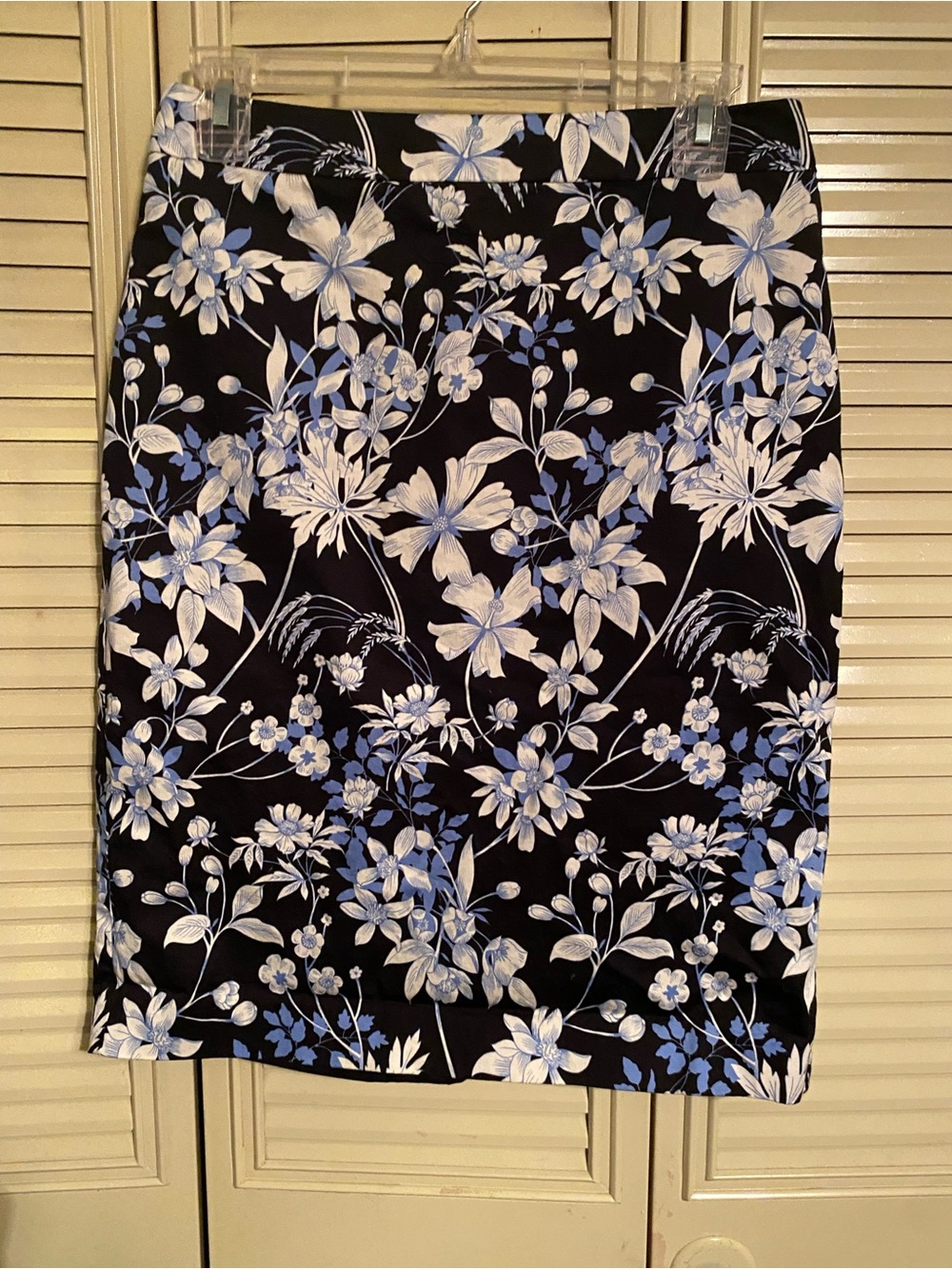 Talbots Black Floral Pencil Skirt with Blue and White Blooms